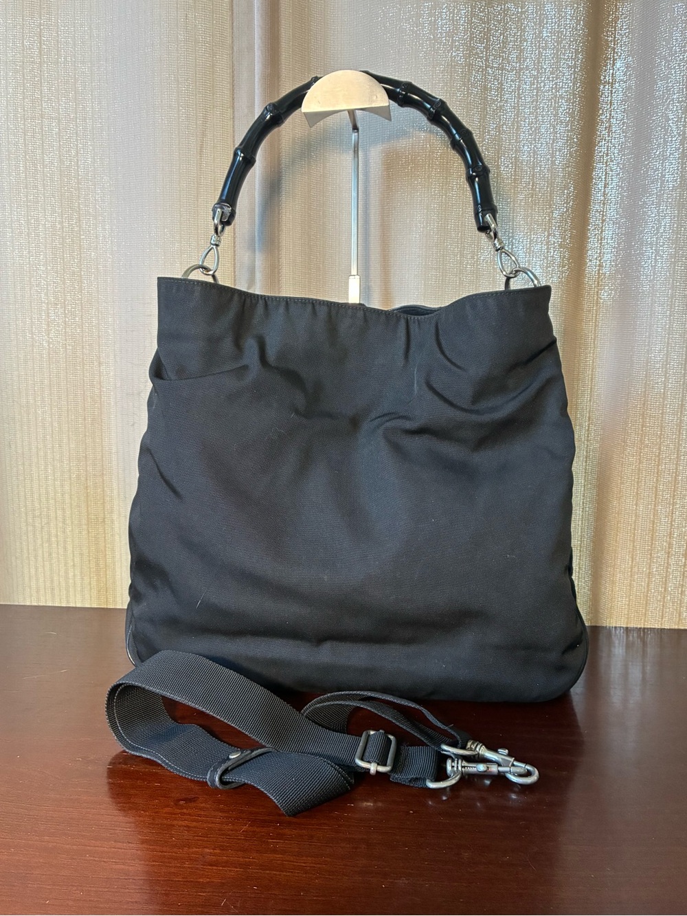 Gucci Black Bamboo-Handle Shoulder Bag with Removable Strap